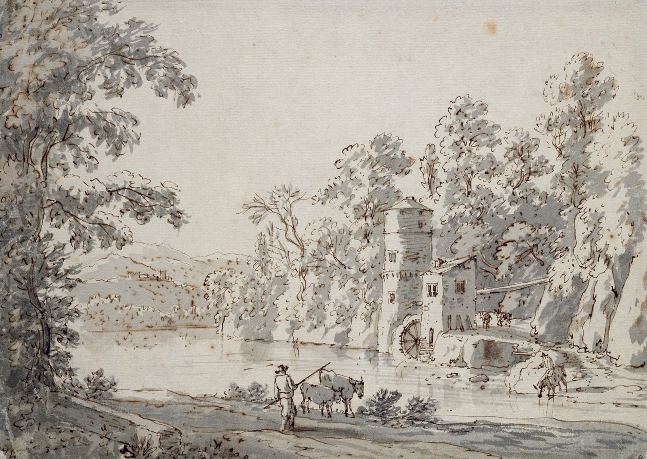福特的Watermill（笔和棕色墨水和纸上的灰色洗） 作者 简·哈克特