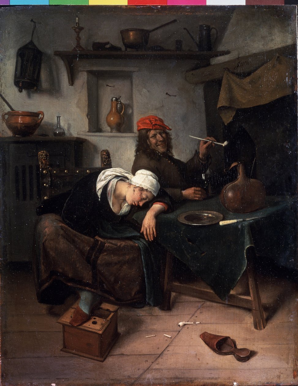 游手好闲的人绘画作者：扬-哈维克斯-斯泰恩（1626-1679 年）。木板油画，39 x 30 厘米，约 1660 年，荷兰艺术，巴洛克风格。圣彼得堡冬宫博物馆。 作者 扬·哈维克斯（Jan Havicksz）。斯汀