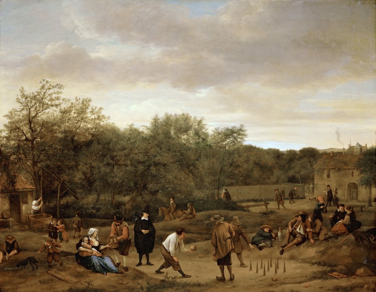 农民在打保龄球，Steen, Jan Havicksz (1626-1679)。 木头上的油，c。 1655. 尺寸：67x85.5 厘米。 艺术史博物馆，维也纳 作者 扬·哈维克斯（Jan Havicksz）。斯汀