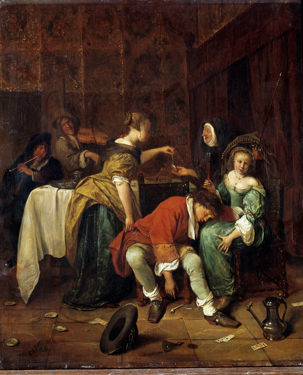The Bad Company. painting by Steen Jan Havicksz (1626-1679) (H S/WOOD 0.41 X 0.35). 作者 扬·哈维克斯（Jan Havicksz）。斯汀