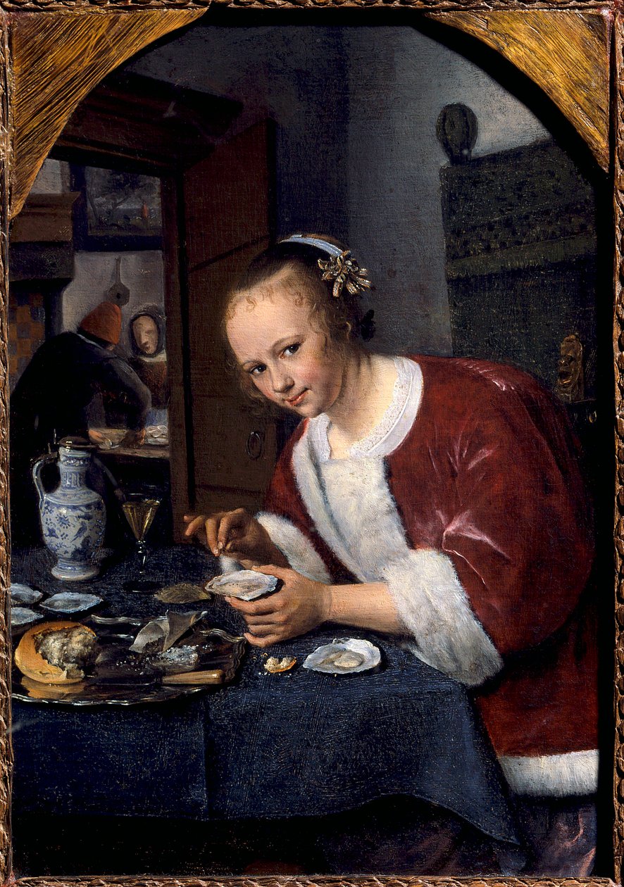 吃牡蛎的年轻女孩 Jan Steen (1626-1679) 的画作 0,14x0,2 米海牙。 毛利泰斯 作者 扬·哈维克斯（Jan Havicksz）。斯汀