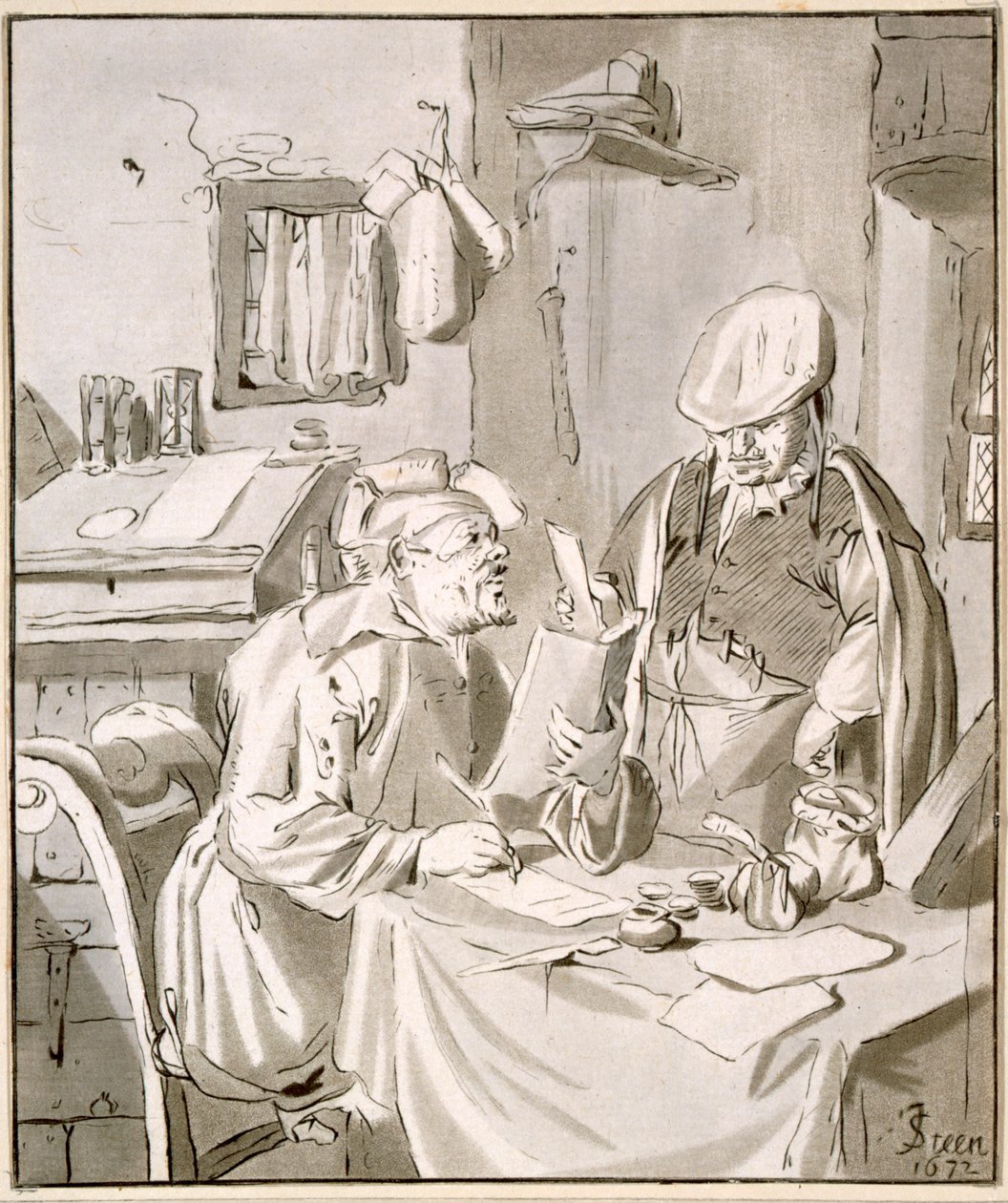 两名男子在办公室里讨论钱，1672年，由Cornelis Ploos van Amstel（1726-98）或Christian Josi（1765-1828）复制 作者 扬·哈维克斯佐恩·斯汀