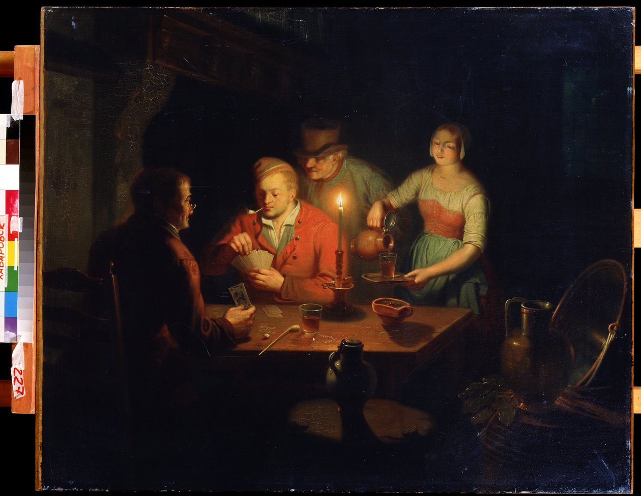 纸牌游戏（Jeu de cartes）。Jan Hendrik van Grootveld（1808-1855 年）的绘画作品。木板上的水彩画，70 x 93 厘米，十九世纪荷兰艺术。远东博物馆，哈巴罗夫斯克（俄罗斯）。 作者 简·亨德里克·范·格鲁特维尔特
