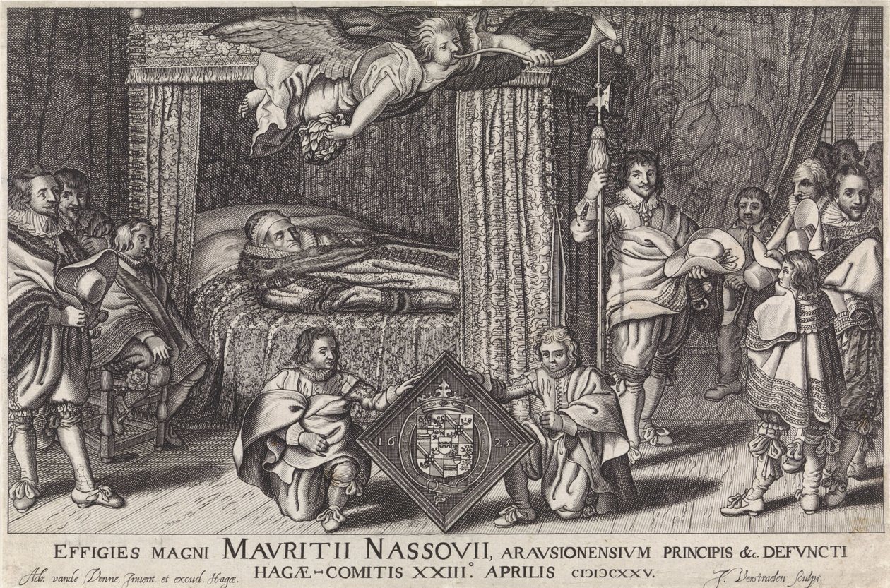 普林斯-莫里斯的天堂之床，1625 年
Effigies magni Mauritii Nassouii, arausionensium principis &c.四月 MDCXXV（物上标题） 作者 扬·亨德里克斯。播送