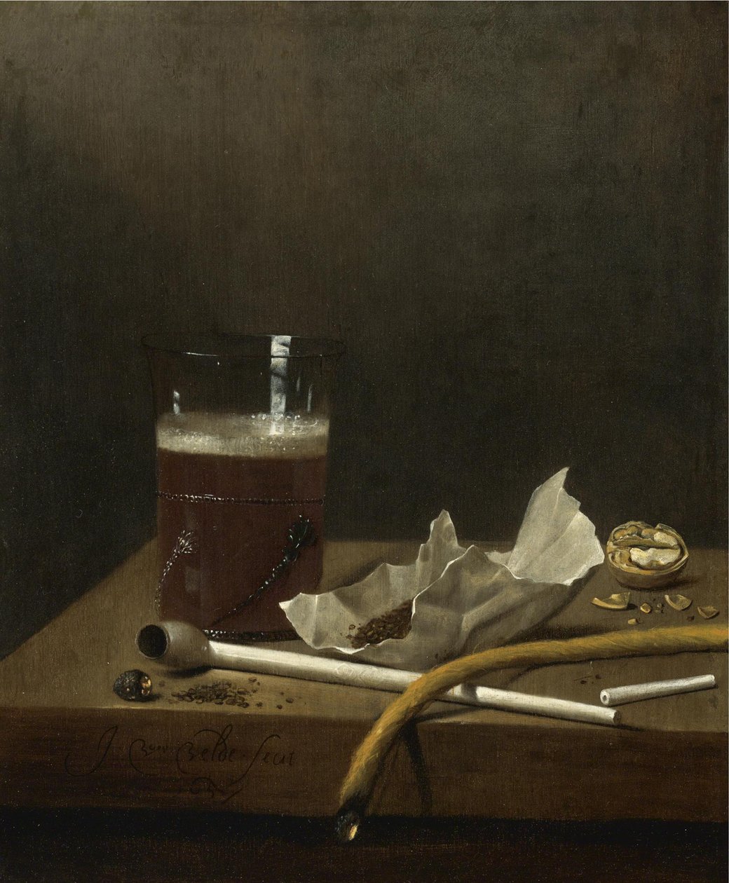 静物，一杯啤酒，烟斗，烟草和其他必需品，1658年 作者 扬三世·范德韦尔德