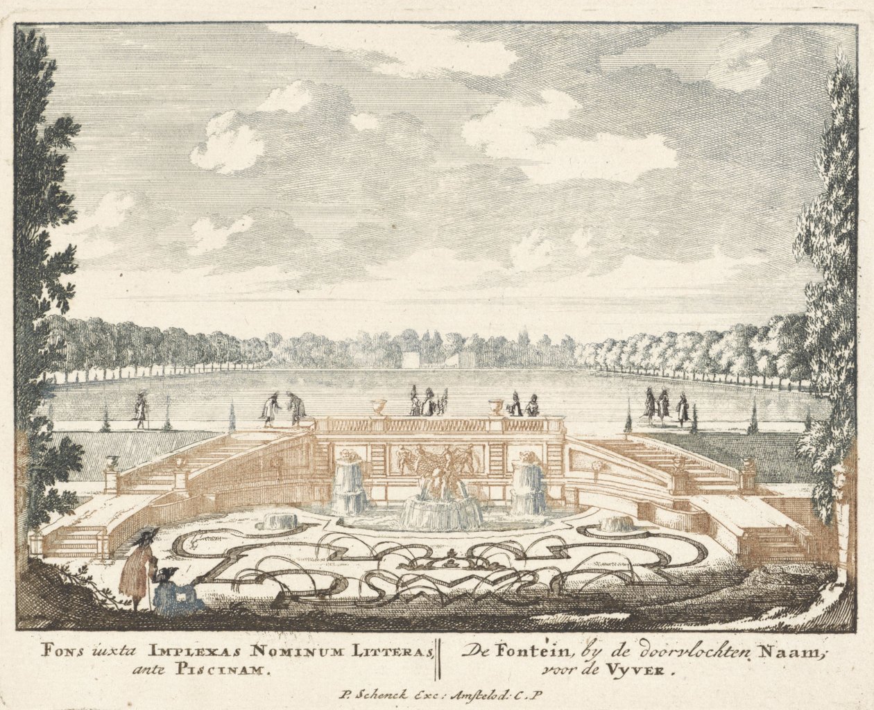 喷泉和大池塘在Het厕所宫殿庭院里，1694-97 作者 Jan I van Call