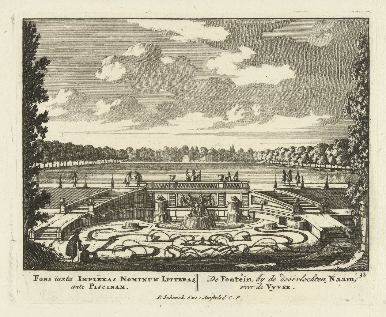 1695-1705年在Paleis Het Loo花园中的大池塘旁的喷泉 作者 Jan I van Call