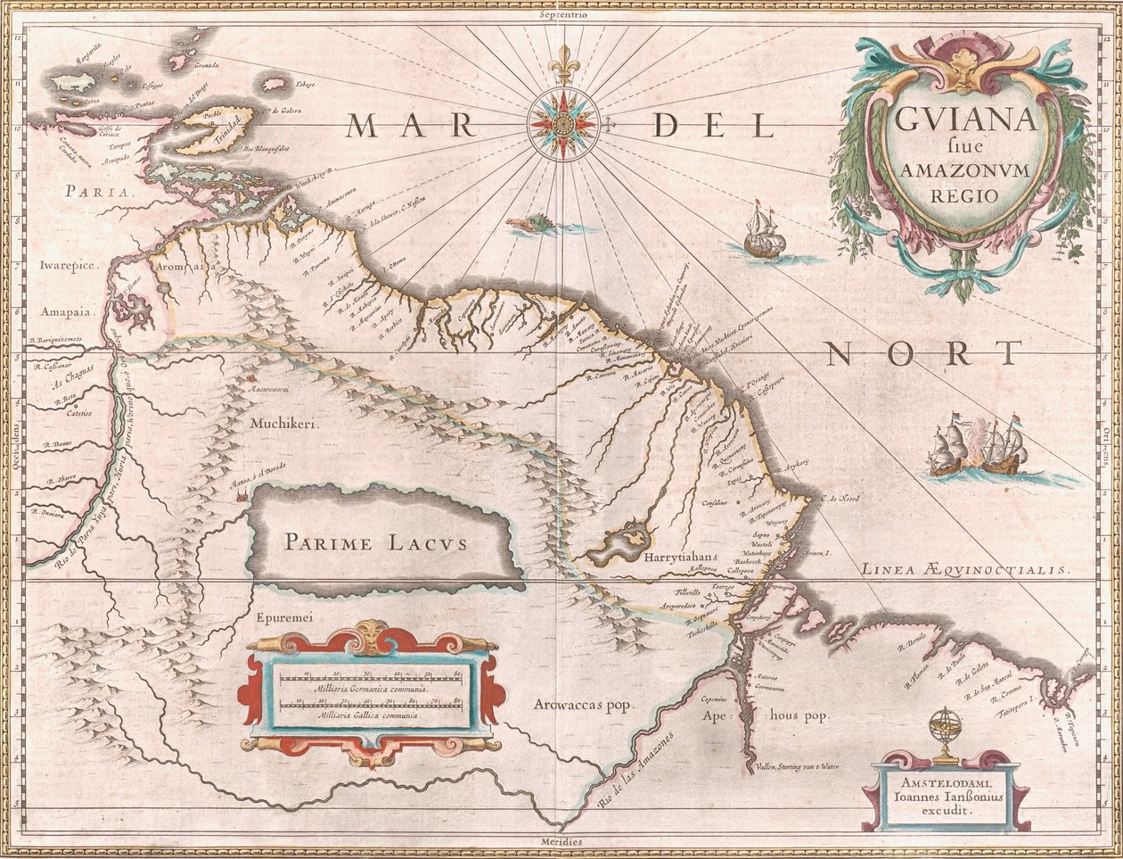 绘制于 1649 年左右的地图，描绘了圭亚那地区。 西边西班牙声称拥有主权的领土为红色，东南部为荷属圭亚那以黄色突出显示，葡萄牙领土以红色突出显示。 神秘的帕里梅湖也清晰可见 作者 扬·詹森纽斯（Jan Janssonius）