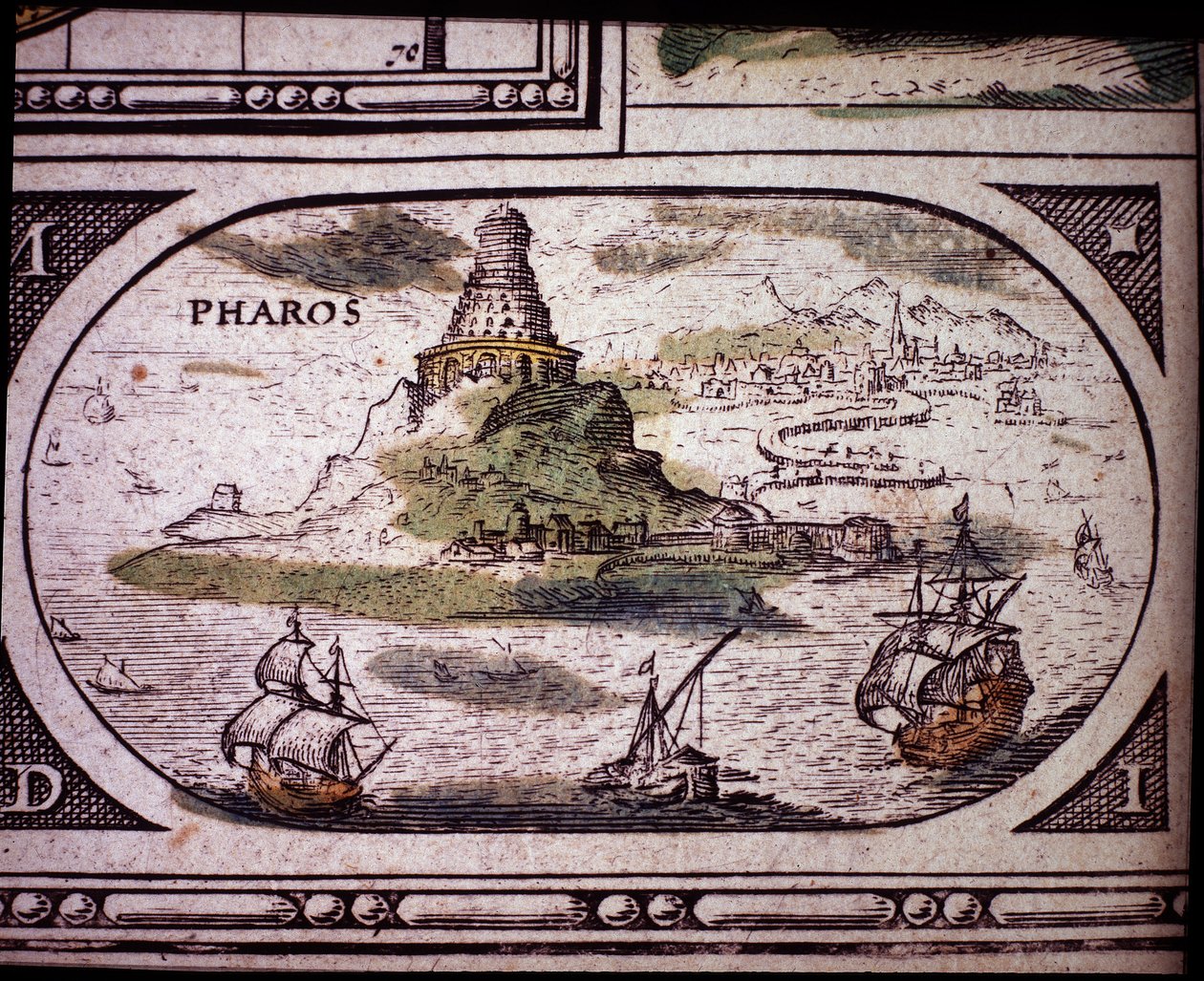 古代七大奇迹的代表：亚历山大灯塔。 Jansson Jannsonius 于 1630 年在阿姆斯特丹印刷的地图集 作者 扬·詹森纽斯（Jan Janssonius）