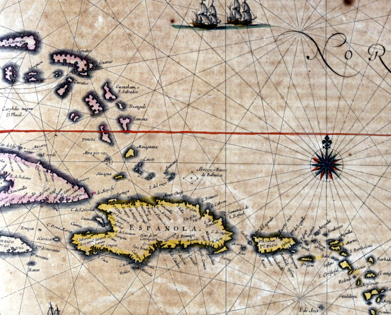 荷兰制图师 Jansson Janssonius 绘制的地图上的加勒比海和海龟岛（圣多明各西北部）。 17世纪 作者 扬·詹森纽斯（Jan Janssonius）