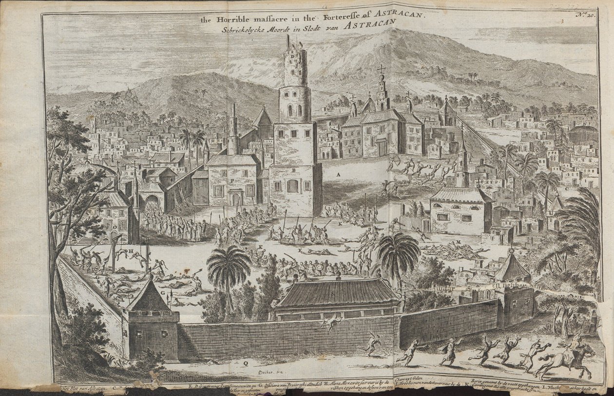 斯蒂芬·拉金斯（Stepan Razins）在阿斯特拉罕（Astrakhan）发生骚乱来自：3次重要旅程，1675年 作者 Jan Jansz。斯特鲁斯