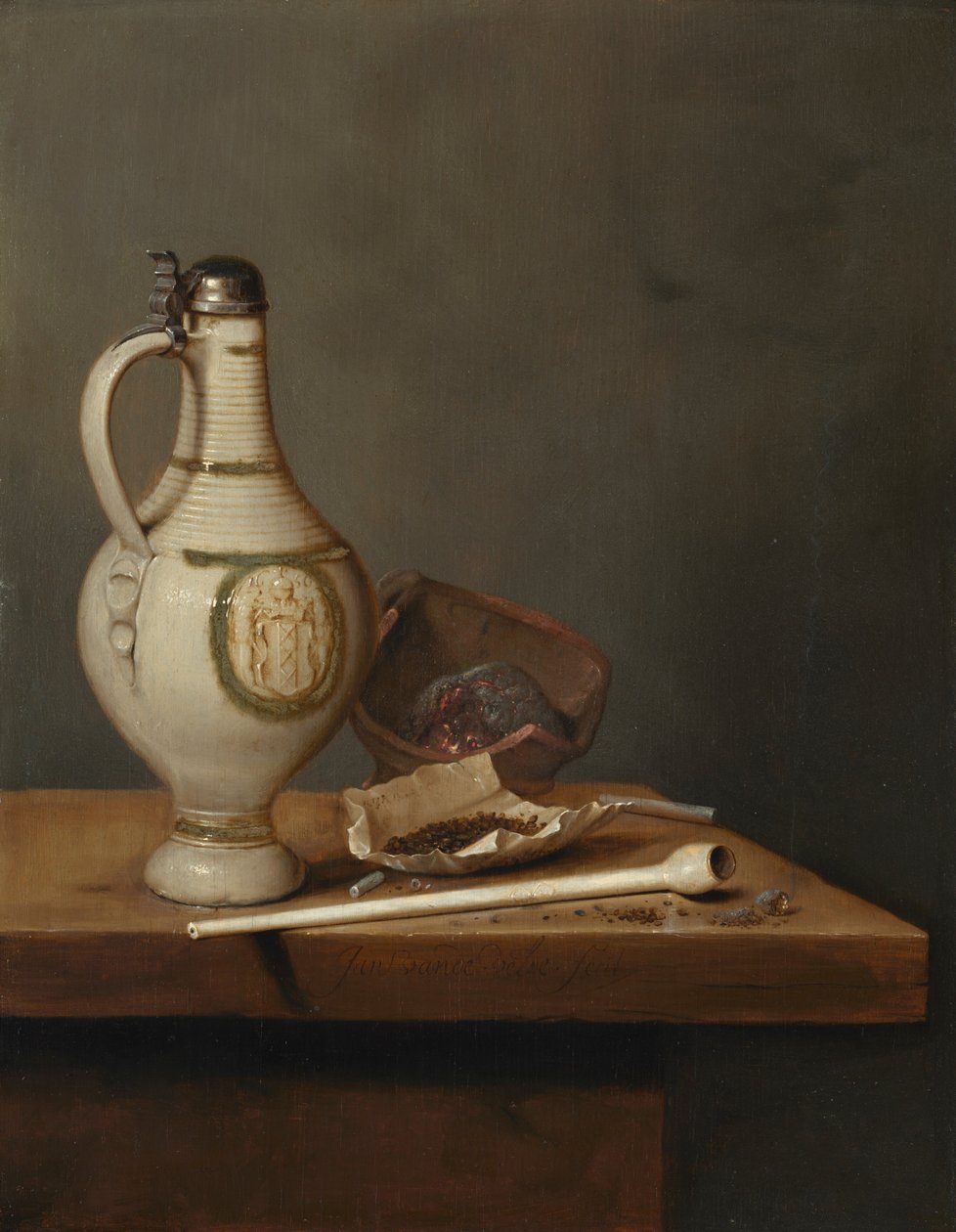 有石器壶和烟斗的静物，1650 年代中期（油画） 作者 Jan Jansz。范德韦尔德