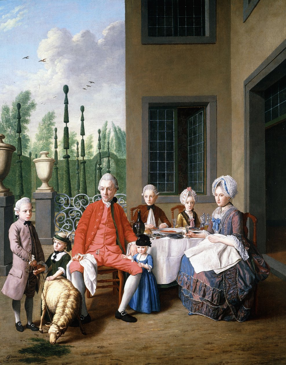范·登·博世（van den Bosch）家庭合影，在一家餐厅用餐，1777年以后，位于修剪花园之外 作者 扬·约瑟夫（Jan Josef）