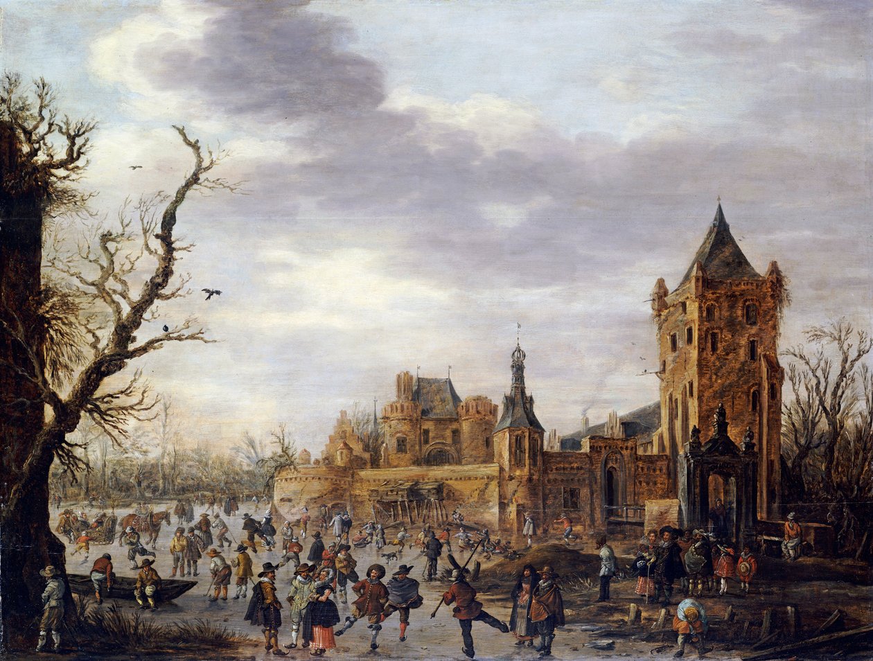 Kasteel Batestein Vianen在冬天与一位绅士，他的妻子和随从的人在冰上观看冬季运动的视图 作者 扬·约瑟夫斯·范·高恩