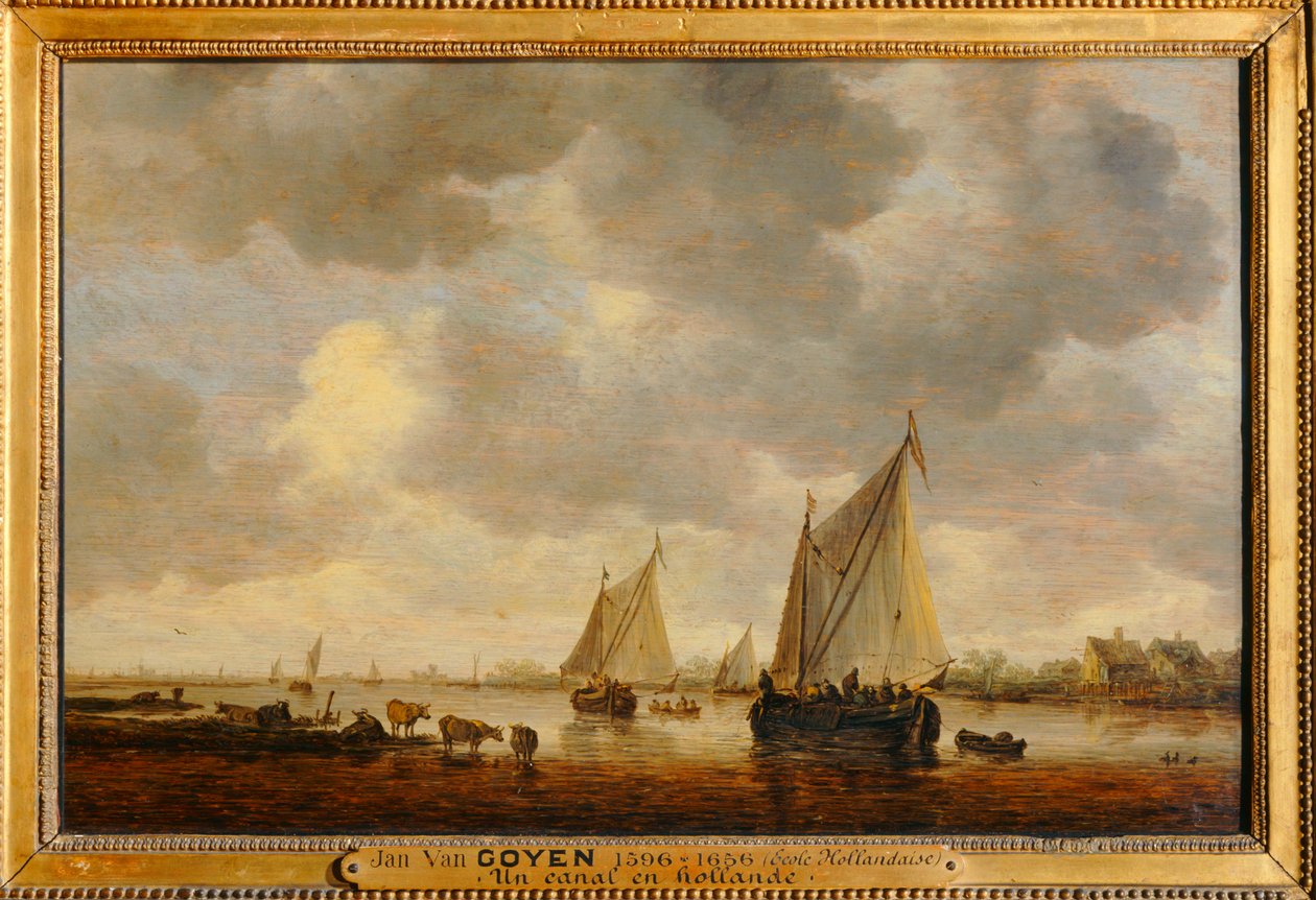 Deux grandes barques à voiles sur un fleuve et bestiaux près de la rive - 河上的两艘大帆船和岸边的动物 ... 作者 扬·约瑟夫斯·范·高恩