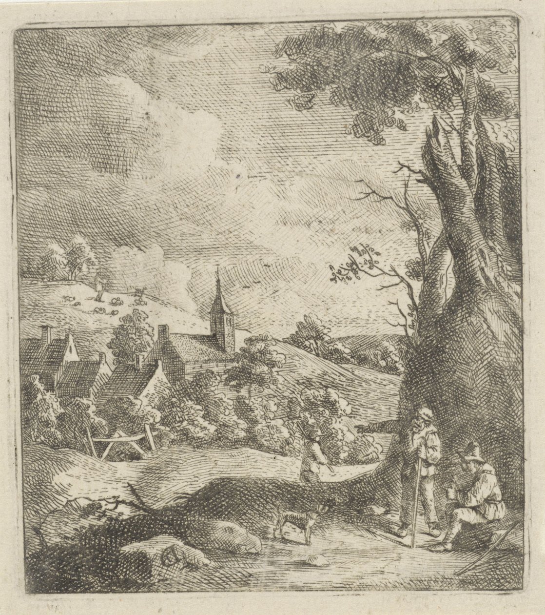 风景与村庄和树旁的两个人 作者 Jan Lauwryn Krafft (I) (归因于)