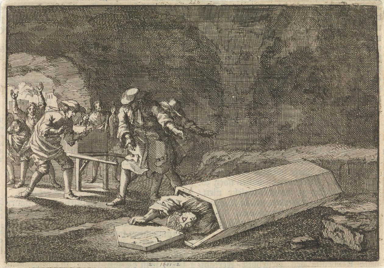 1696 年，罗马的殡葬工人发现几天前安葬在墓穴中的安东尼奥-马里尼显然已经死亡。 作者 扬·路肯（Jan Luyken）