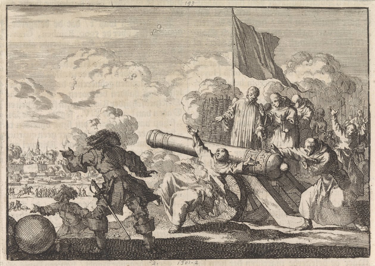 1672 年格罗宁根围城战，六名僧侣为一门大炮祈福 作者 扬·路肯（Jan Luyken）
