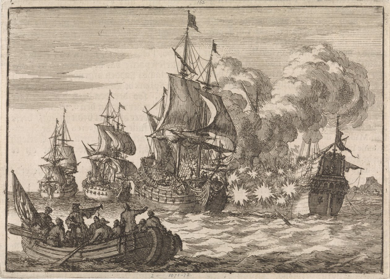 1688 年，在巴伦西亚附近，西班牙海军上将帕帕奇诺因敬礼不够迅速而遭到图尔维尔海军上将率领的三艘法国军舰的袭击。 作者 扬·路肯（Jan Luyken）