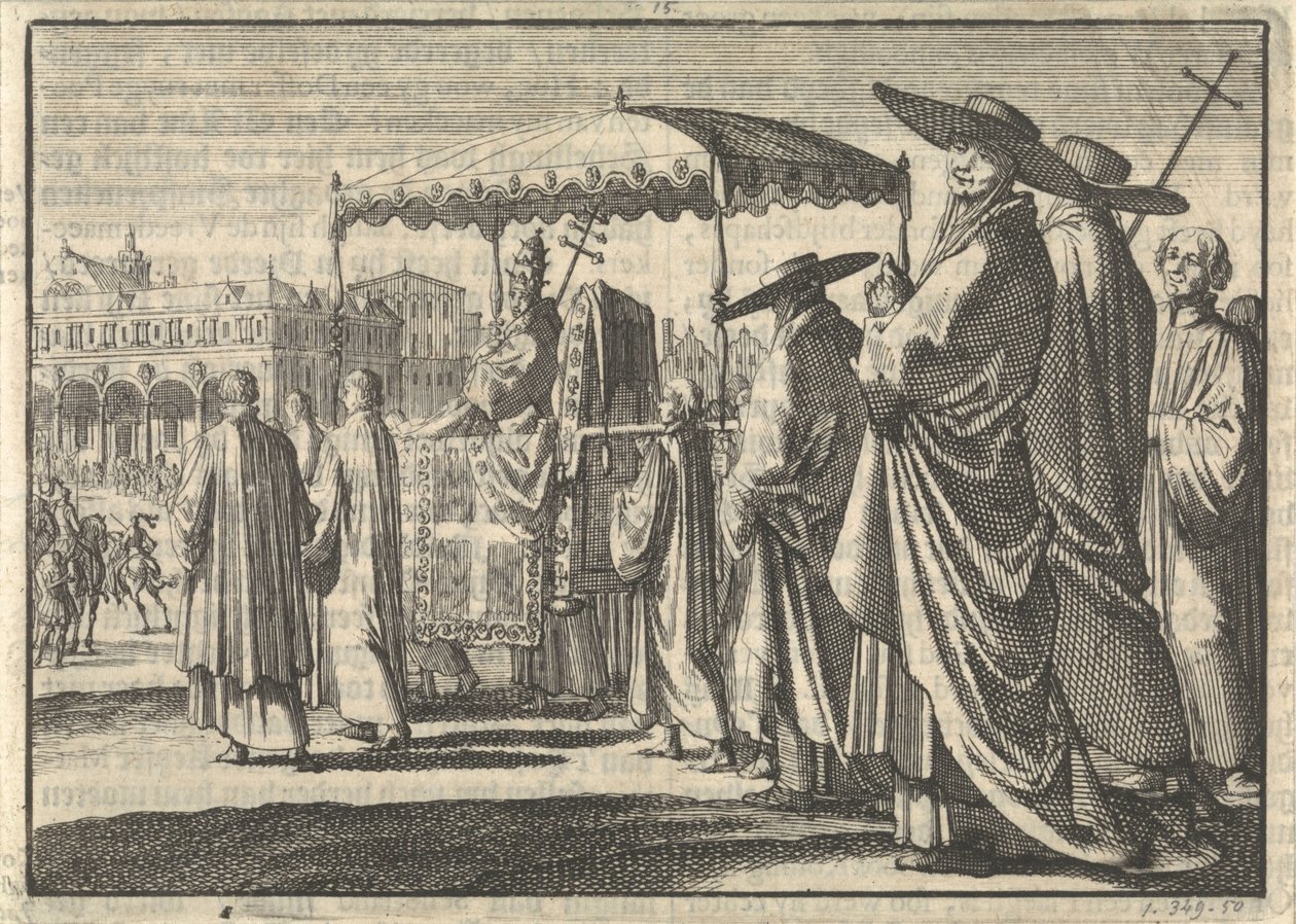 1596 年，丹麦国王克里斯蒂安四世装扮成教皇，与群臣一起模仿游行队伍 作者 扬·路肯（Jan Luyken）