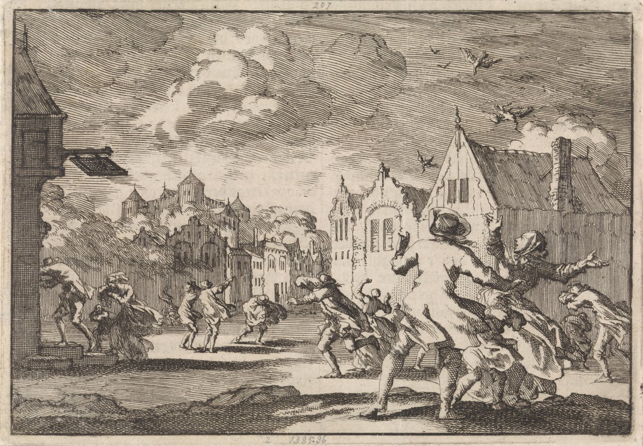 1671 年，吕讷堡卢乔夫城堡附近村庄的居民遭遇旋风，鸟儿从空中坠落身亡。 作者 扬·路肯（Jan Luyken）