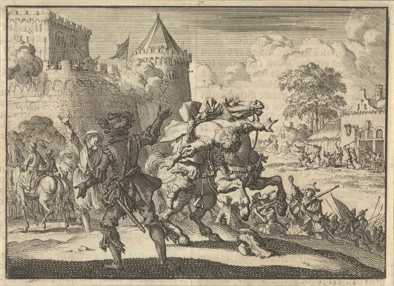 1620 年，帝国指挥官丹皮尔在普雷斯堡（布拉迪斯拉发）城墙上中弹落马 作者 扬·路肯（Jan Luyken）