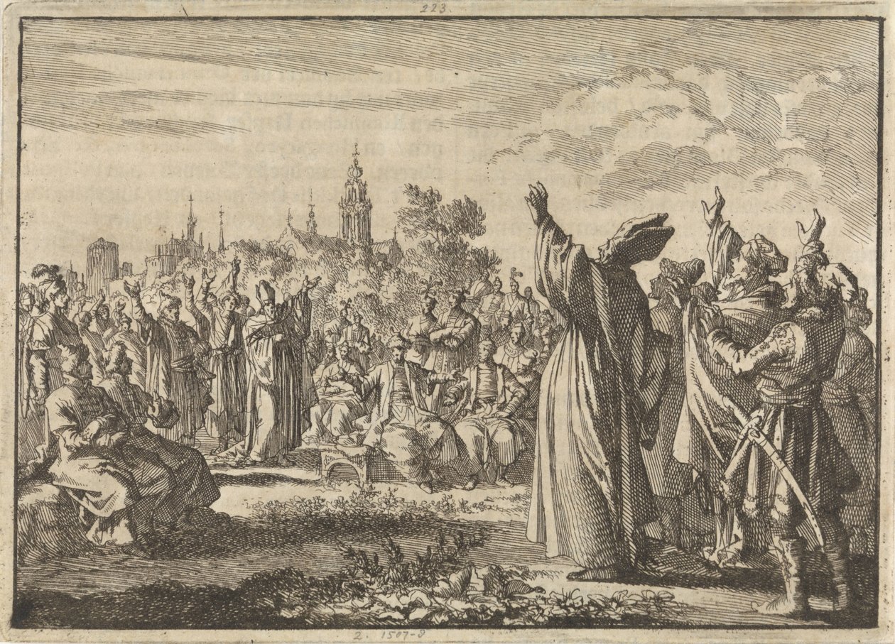 1697 年，波兰国会，一方宣布强者奥古斯都二世为国王，另一方宣布波旁-孔蒂的弗朗西斯-路易为国王 作者 扬·路肯（Jan Luyken）