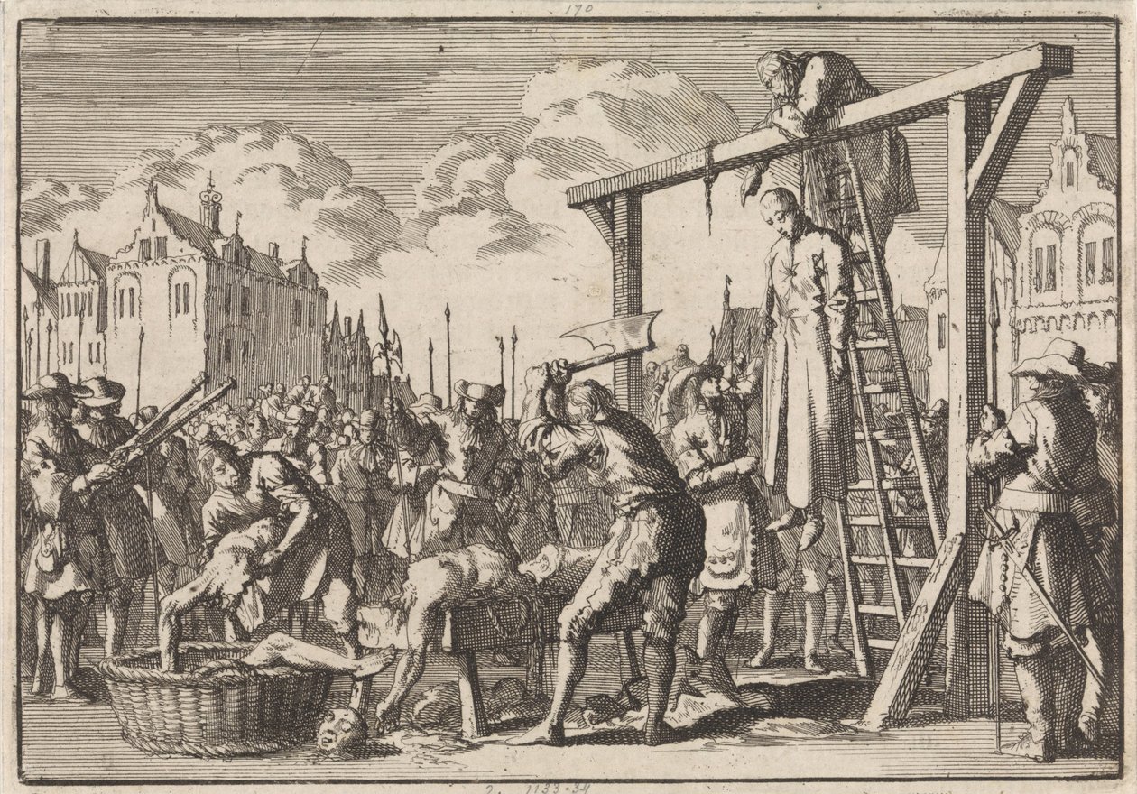 1679 年，在伦敦，耶稣会士威廉-爱尔兰（William Ireland）被处以绞刑，约翰-格罗夫（John Grove）因意图暗杀王室而被关进了监狱。 作者 扬·路肯（Jan Luyken）