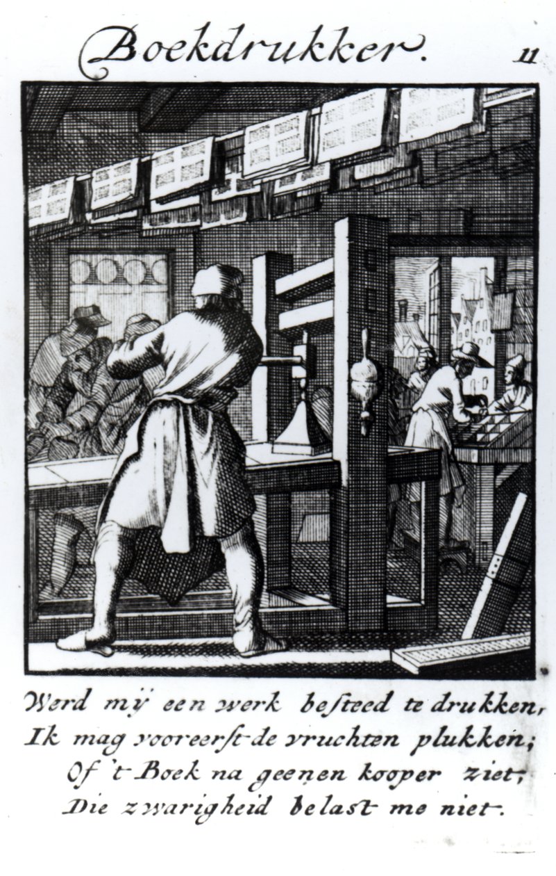 The Book Printer，来自书籍“Something for All”，由Abraham van St. Clara撰写，1736年（版画） 作者 扬·路肯（Jan Luyken）