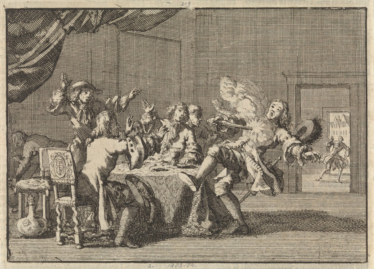 1690 年，托马斯-塔洛克，苏格兰詹姆士二世国王的支持者，因意外发射手枪而丧生。 作者 扬·路肯（Jan Luyken）