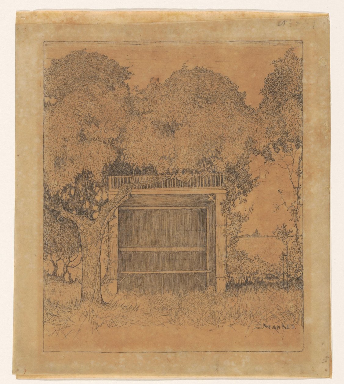 两棵树下的花园凉亭 作者 扬·曼克斯（艺术家签名）