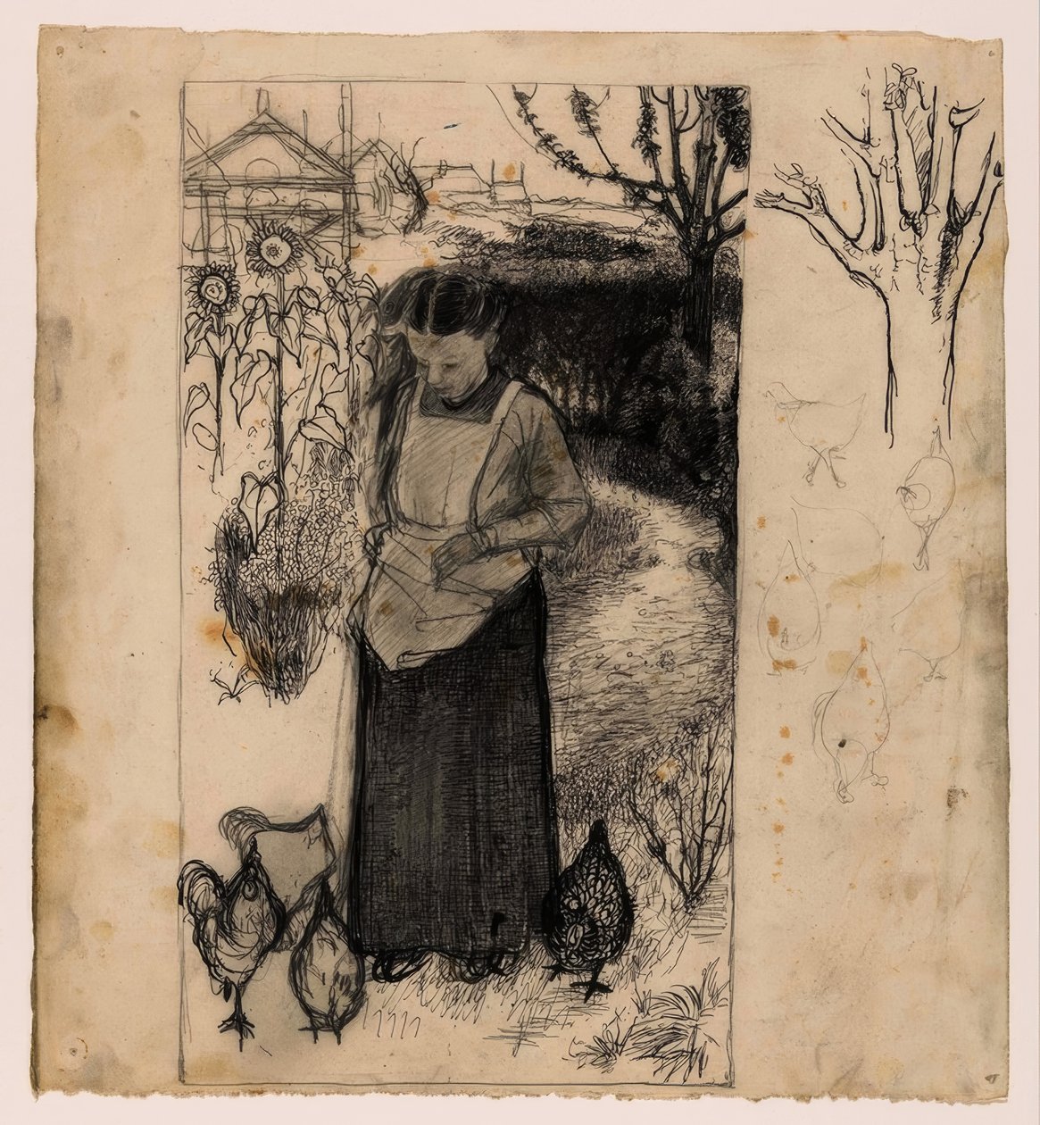 Annie Mankes-Zernike beim Hühner füttern, rechts: Studien eines Baumes und von Hühnern 作者 扬·曼克斯