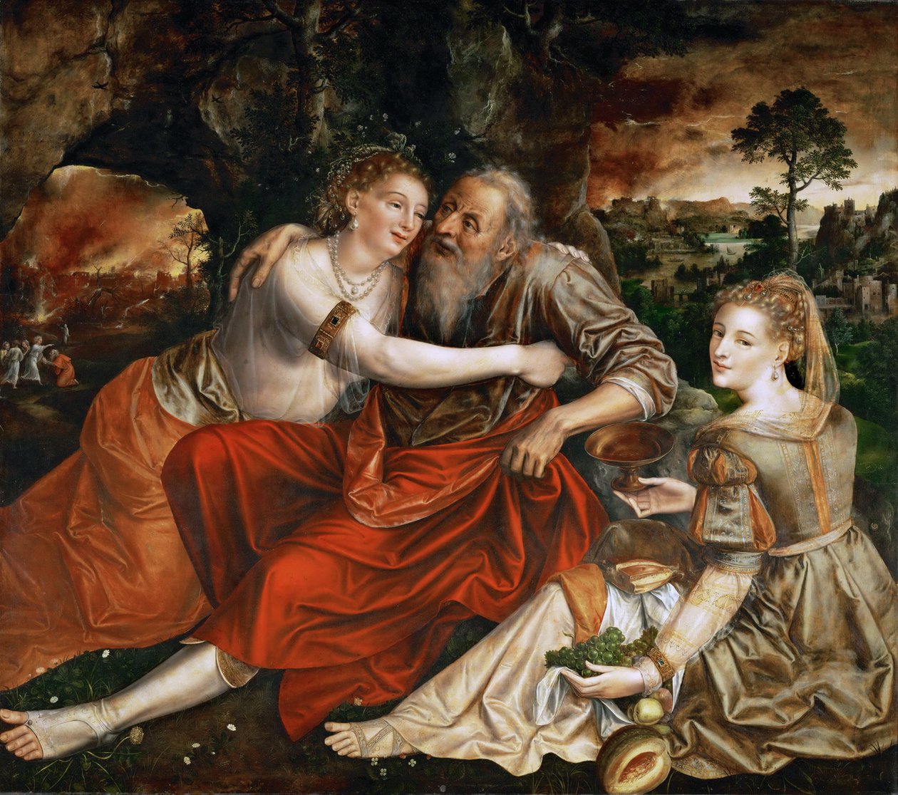 Loth et ses filles - Lot and his Daughters - Jan Massys (Matsys, Metsys, Matsijs) (1510-1575)。 木头上的油 作者 扬·马西斯（Jan Massys）