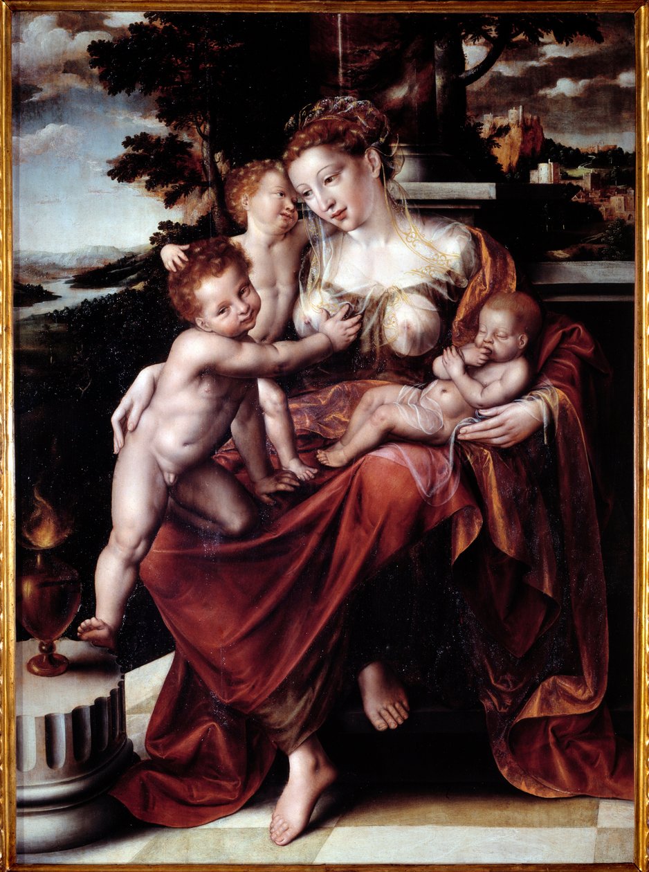 慈善寓言（女人喂养几个婴儿） Jan Metsys（或 Massys）的绘画（1509-1575）Dim 120x90 cm Genes，Musei di Strada Nuova（ex Palazzo Bianco） 作者 Jan Massys或Metsys