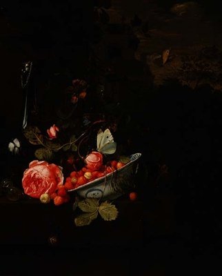 野生草莓，玫瑰和玻璃瓶的静物，1690年 作者 扬·莫特尔
