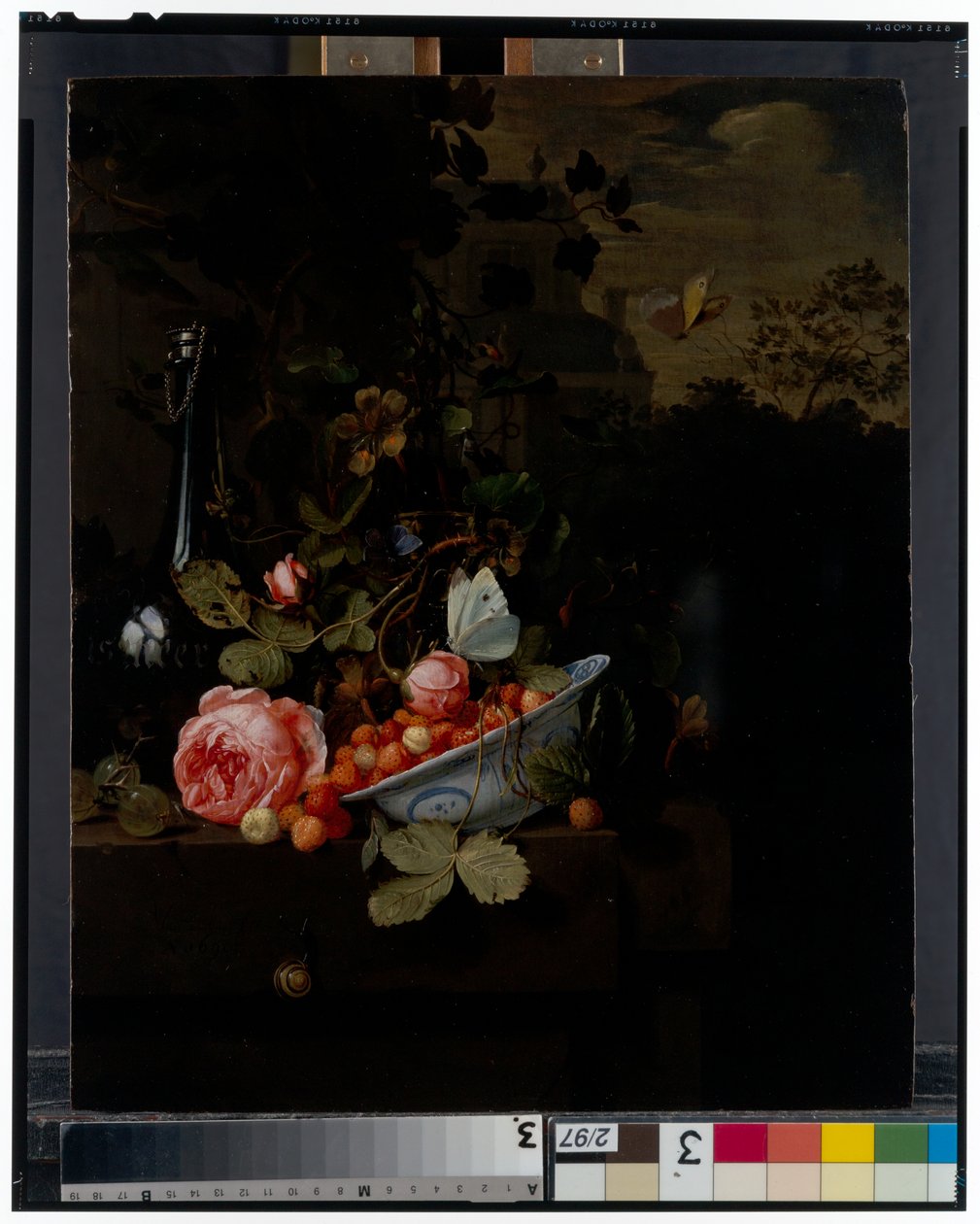 Still Life with a bowl of strawberries, a rose and a bottle on a ledge, a landscape beyond   1472368   zh       chinese Successfully Translated  Original: Das dreihundertundachtzigste Bild seit schon das dritte mal du die Freude gefunden hast 4 Translat: D 作者 扬·莫特尔