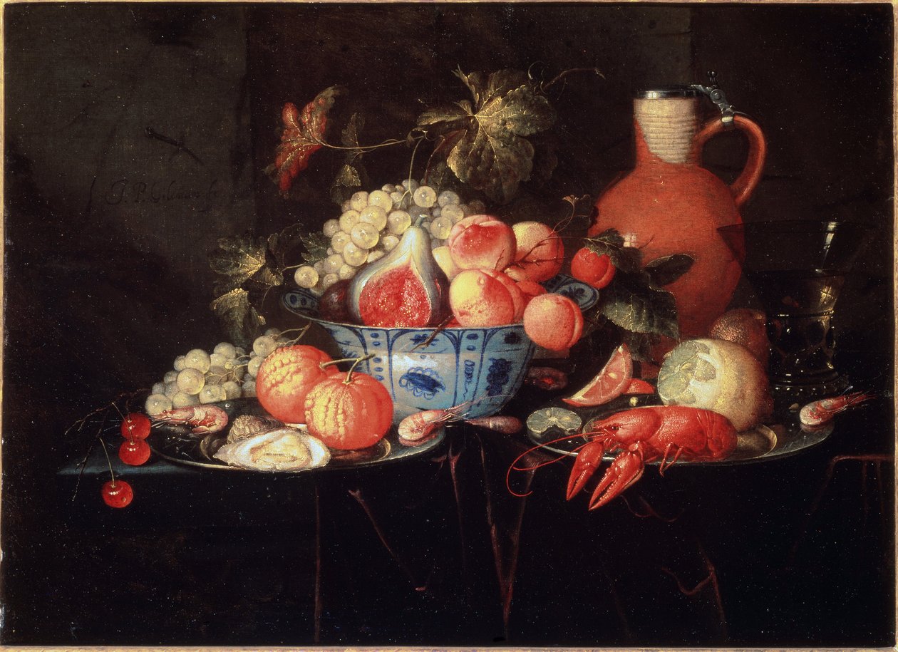 有水果和小龙虾的静物画 - 画布上的 il，c.1660 作者 扬·鲍维尔二世（Jan Pauwel II），年轻的吉勒曼人