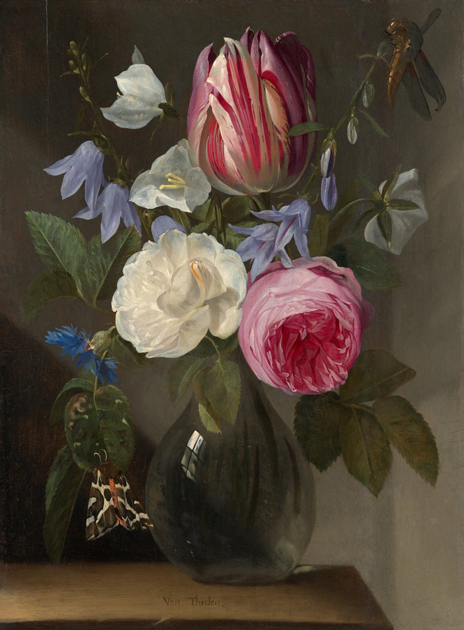 玻璃花瓶中的玫瑰和郁金香，约165-1660。 作者 扬·菲利普斯·范·蒂伦
