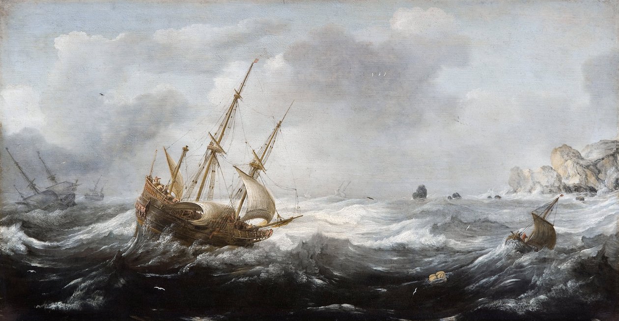 Ships in a Storm on a Rocky Coast - Peinture de Jan Porcellis (1582/5-1632) - 1614-1618 - Oil on wood - 35x67 - Hallwylska Museet, Stockholm 作者 扬·波切利斯（Jan Porcellis）