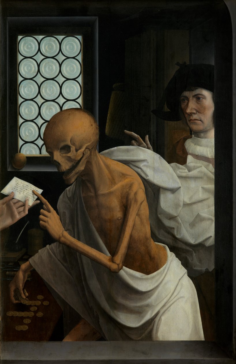 死亡与吝啬鬼》细部，约 1515-21 年（镶板油画） 作者 扬·普罗沃斯特