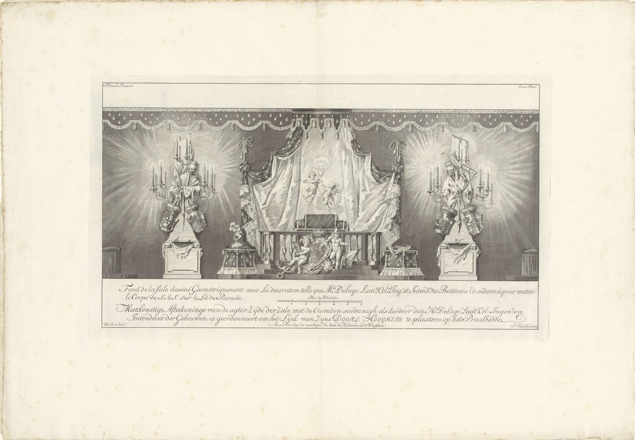 带有威廉四世亲王陵墓的大厅背面，1751 年
Fond de la sale dessiné Geometriquement（......）/德拉吉-勒伊特（Delage Leuit）先生绘制的带有陵墓的大厅后侧图。Col: Ingen.r and Intendant 作者 扬蓬特