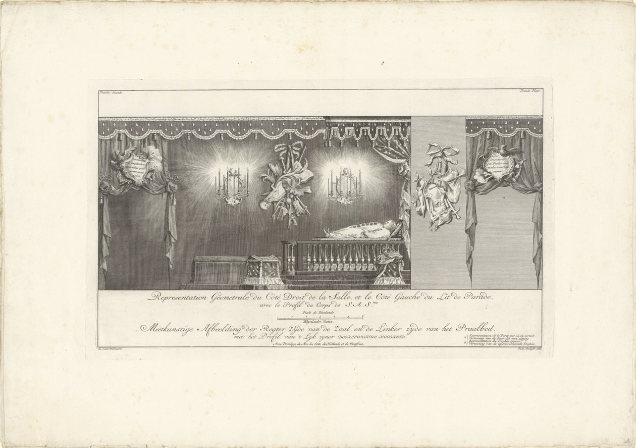 威廉四世亲王陵墓所在的大厅右侧，1751 年
Representation Geometrale du Côte Droit（......）/测量大厅的统治者一侧和祭祀床的左侧，以及他庄严的身体轮廓 作者 扬蓬特