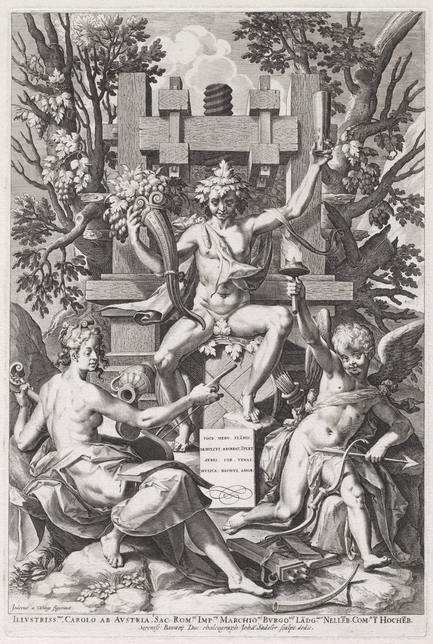 坐在木桶上的巴克斯在爱神和音乐之间。 作者 Jan Sadeler I，在 Joos van Winhe 之后