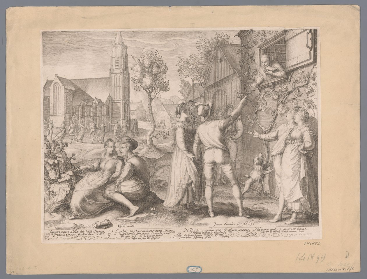 欢乐跳舞的年轻情侣，1596 年
Ingentes panas stolich sub Mose Choragi Promeriti Choreis, pana dolenda venit（......）（标题见实物） 作者 扬·萨恩雷丹（Jan Saenredam）