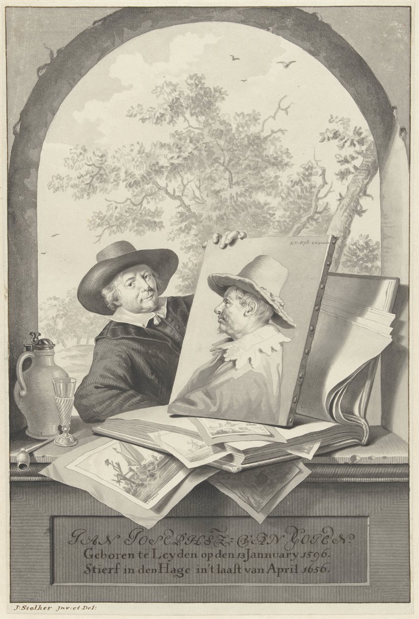 手持 Jan van Goyen 绘画作品和肖像文件夹的男子 作者 简·斯托克