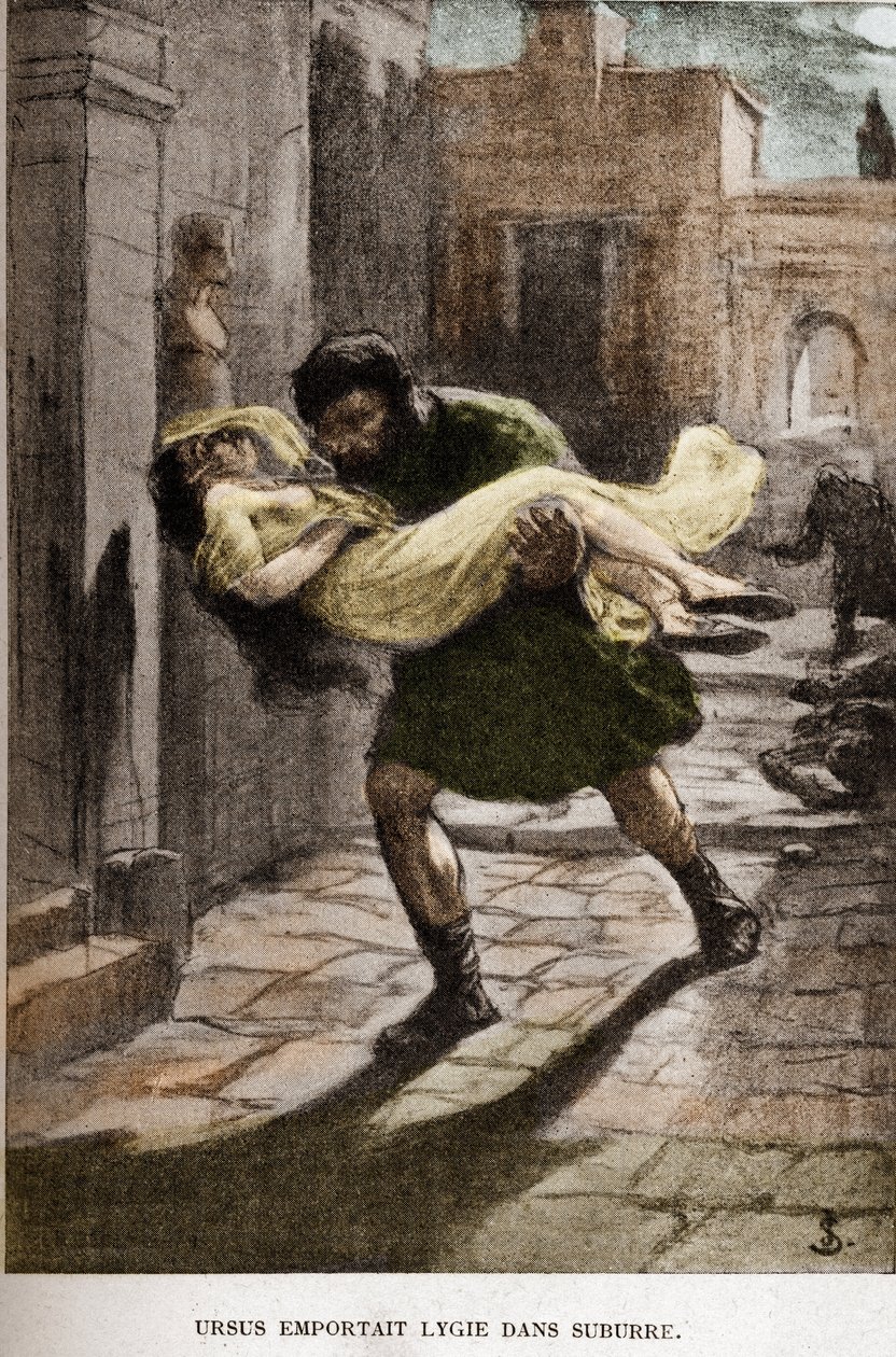JAN STYKA (1858-1925)为Henryk Sienkiewicz的小说《Quo Vadis》绘制的Ursus took Lygie in suburre（第十章）插图。 作者 简·斯蒂卡