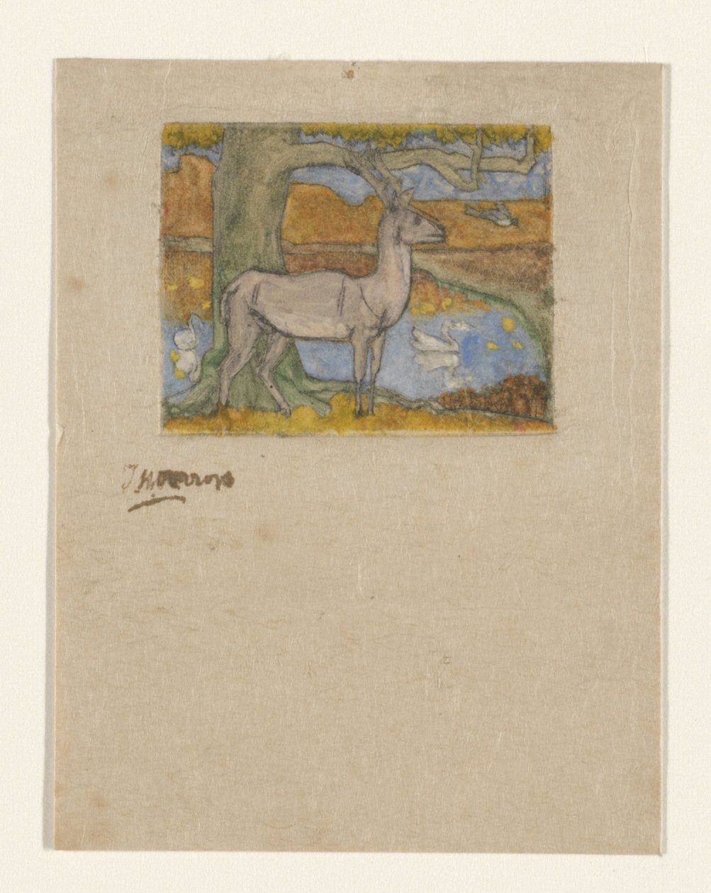 池塘边树旁的鹿
树边的鹿（原标题） 作者 Jan Toorop（艺术家签名）