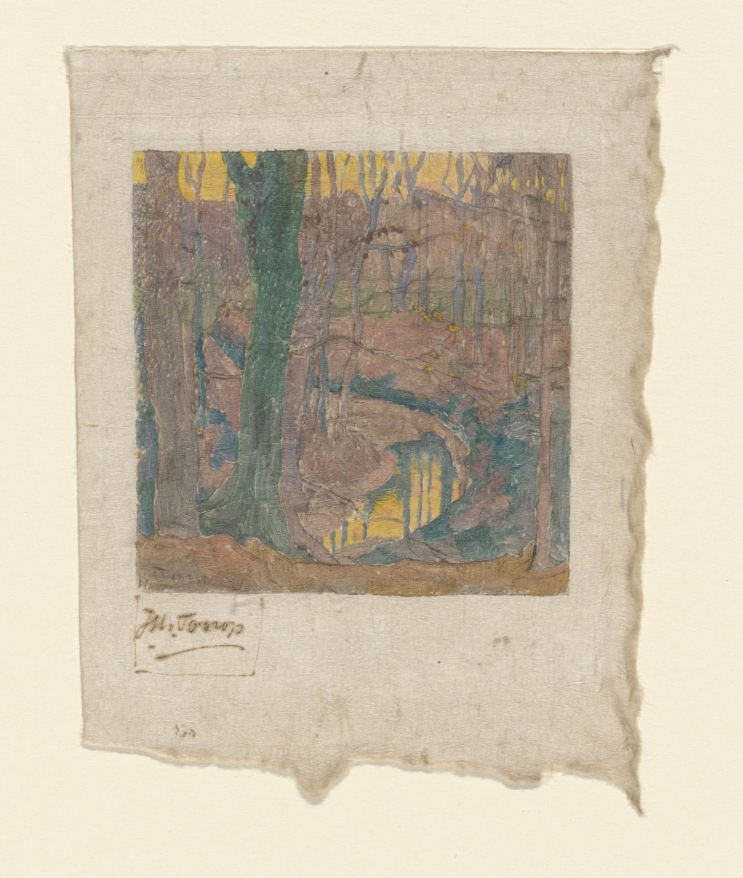 溪边光秃秃的橡树 在森林里（原名） Le bois hivernal（原标题） 作者 Jan Toorop（艺术家签名）