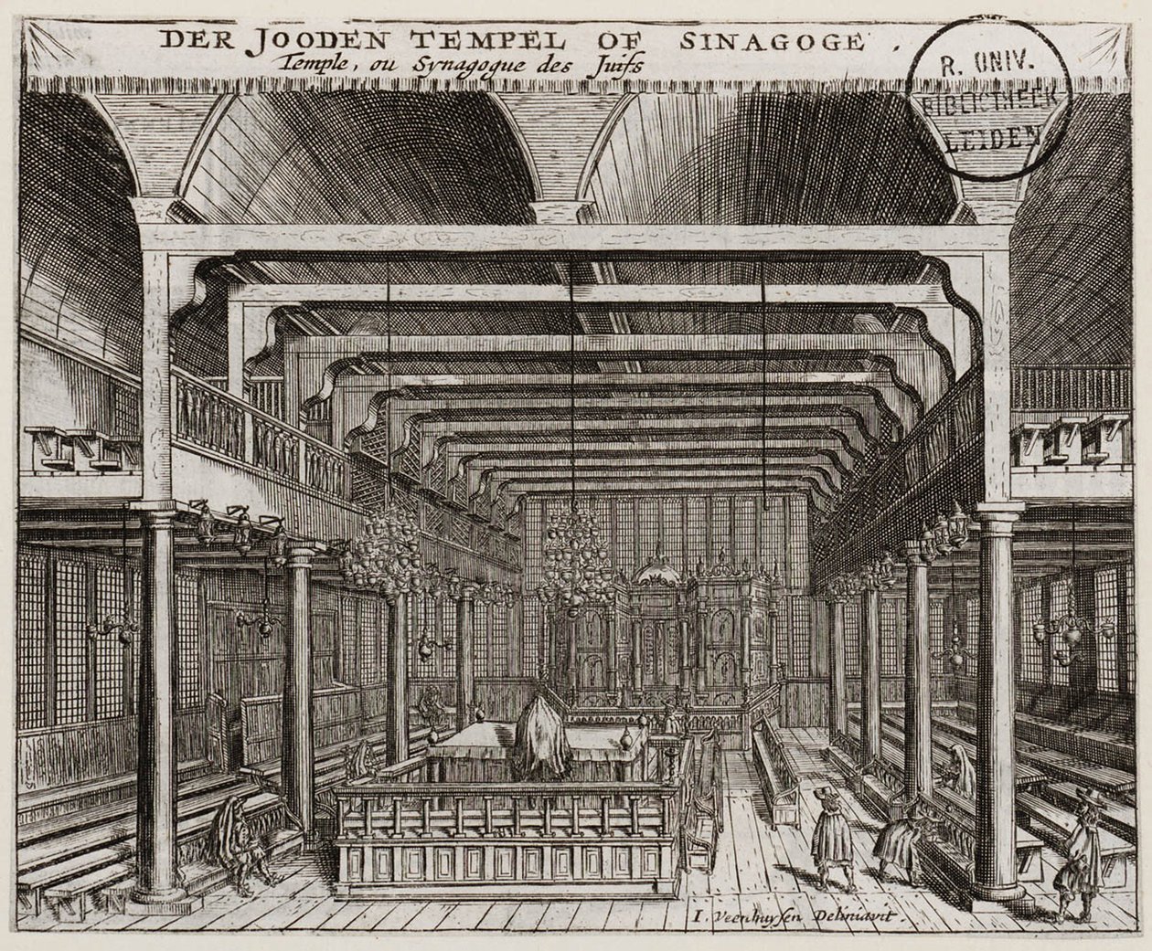 阿姆斯特丹葡萄牙犹太教堂的内部 - Veenhuysen, Jan（活跃于 1656-1685 年） - 铜版画 - 11.2x13.7 - 莱顿大学图书馆 作者 简·维恩森（Jan Veenhuysen）