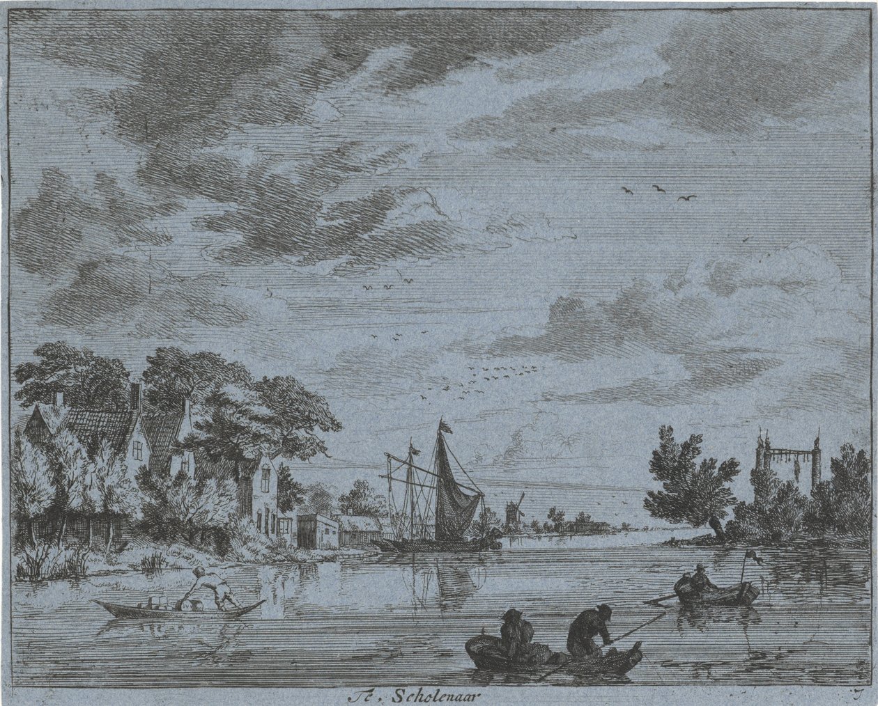河流上的活动
Te，Scholenaar（物品上的标题）
哈勒姆地区的风景（系列标题）
Gesigten buijten Haarlem, Done by.J.V.V.（物品上的系列名称） 作者 扬·文森茨。范德文